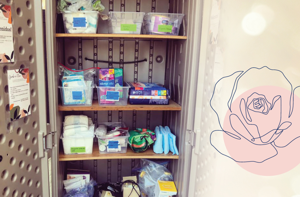 Grab-n-Flow shed filled with supplies for women and babies with a flower illustration
